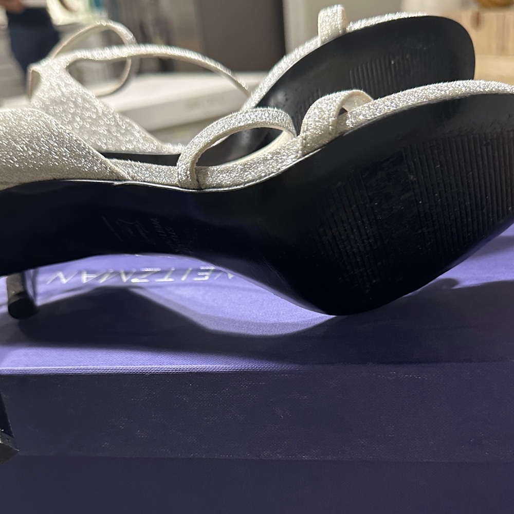 Stuart Weitzman Silver Glitter Open-Strap Slingba… - image 4